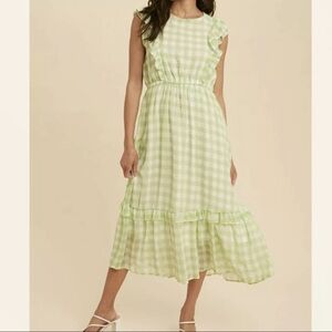 NEW in loom gingham Swiss dot midi dress elastic waist green white M L